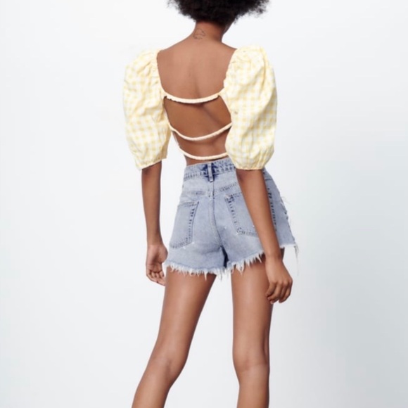 Zara Gingham Beaded Flower Backless Cropped Top Size XS NWT - Picture 3 of 8